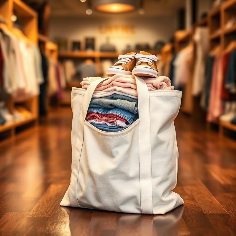 Sacola cheia com um lote de roupas infantis pronta para avaliação