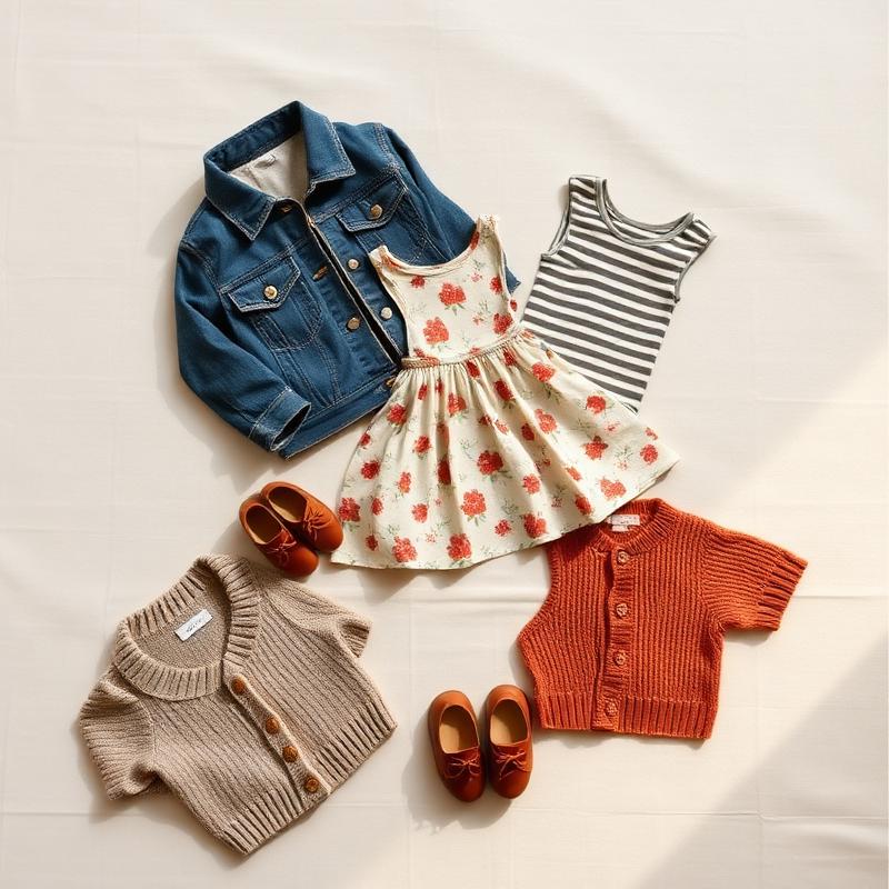 Roupas infantis de marca organizadas: jaquetinha jeans, vestido floral e cardigã